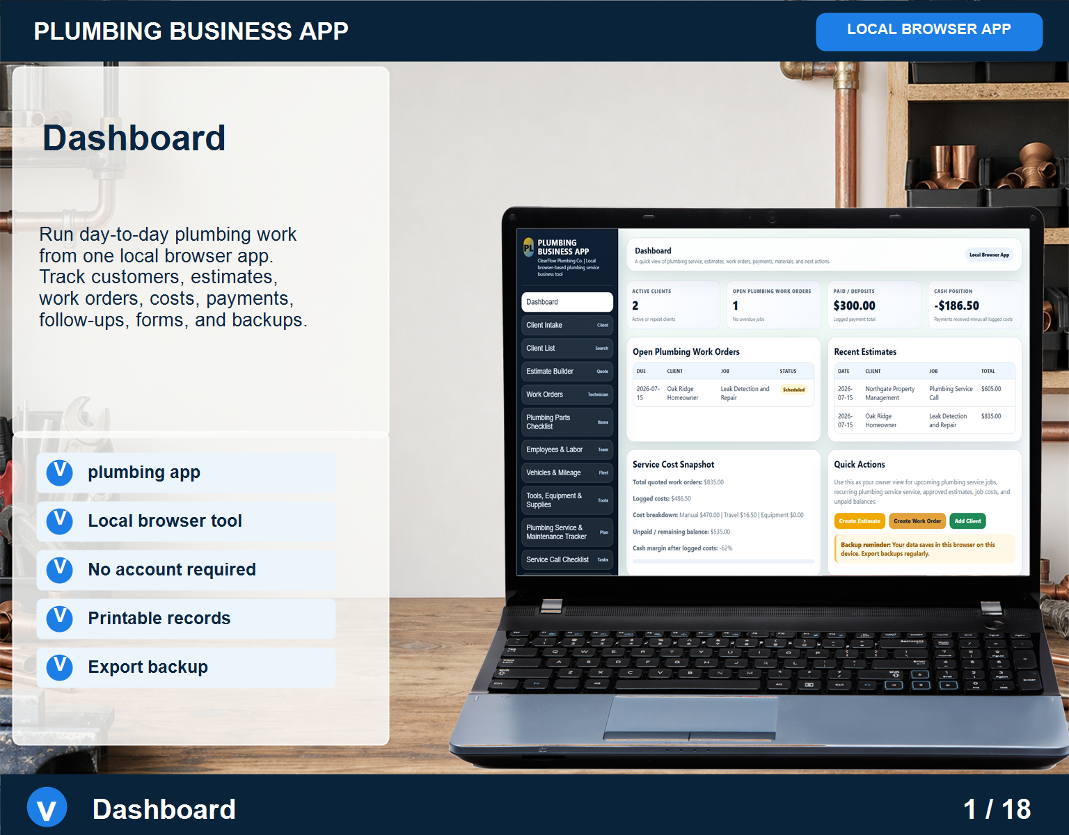 Plumbing business app Plumbing screen for service workflow management